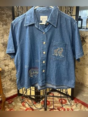 VTG Christopher&Banks Noah's Ark Themed Embroidered Short Sleeve Denim Shirt: XL